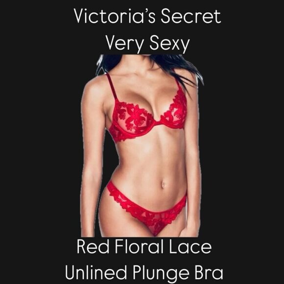 Victoria's Secret Other - GORGEOUS Victoria's Secret 32DDD Very Sexy Red Floral Lace Appliqué Plunge Bra